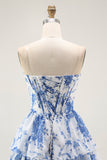 Strapless witblauw bloemenkorset A-lijn gelaagde ruches voor thuiskomst