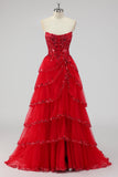 Lavendel A Line Strapless Pailletten Korset Gelaagde Prom Jurk met Split