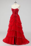Lavendel A Line Strapless Pailletten Korset Gelaagde Prom Jurk met Split