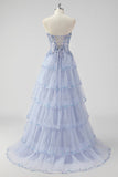 Lavendel A Line Strapless Pailletten Korset Gelaagde Prom Jurk met Split