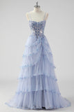 Lavendel A Line Strapless Pailletten Korset Gelaagde Prom Jurk met Split