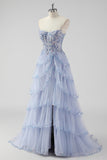 Lavendel A Line Strapless Pailletten Korset Gelaagde Prom Jurk met Split