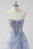 Lavendel A Line Strapless Pailletten Korset Gelaagde Prom Jurk met Split