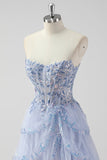 Lavendel A Line Strapless Pailletten Korset Gelaagde Prom Jurk met Split