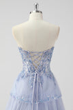Lavendel A Line Strapless Pailletten Korset Gelaagde Prom Jurk met Split