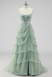 Lavendel A Line Strapless Pailletten Korset Gelaagde Prom Jurk met Split