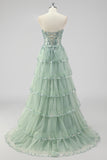 Lavendel A Line Strapless Pailletten Korset Gelaagde Prom Jurk met Split