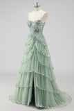 Lavendel A Line Strapless Pailletten Korset Gelaagde Prom Jurk met Split