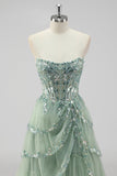 Lavendel A Line Strapless Pailletten Korset Gelaagde Prom Jurk met Split