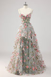 A Line Grijs Groene Kralen Korset Lange Prom Jurk met 3D Bloemen