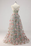 A Line Grijs Groene Kralen Korset Lange Prom Jurk met 3D Bloemen