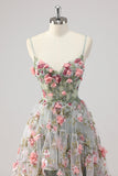 A Line Grijs Groene Kralen Korset Lange Prom Jurk met 3D Bloemen