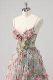 A Line Grijs Groene Kralen Korset Lange Prom Jurk met 3D Bloemen