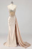 Champagne Zeemeermin Pailletten Side Streamer Korset Prom Jurk met Split