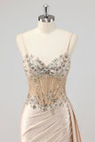 Champagne Zeemeermin Pailletten Side Streamer Korset Prom Jurk met Split