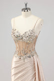 Champagne Zeemeermin Pailletten Side Streamer Korset Prom Jurk met Split