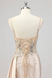 Champagne Zeemeermin Pailletten Side Streamer Korset Prom Jurk met Split