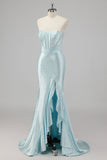 Strapless zeemeermin kralen blauwe galajurk