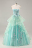 Strapless A Line Groene Korset Lange Galajurk met Pailletten