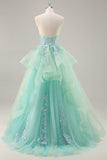 Strapless A Line Groene Korset Lange Galajurk met Pailletten
