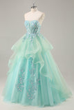 Strapless A Line Groene Korset Lange Galajurk met Pailletten
