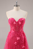 Fuchsia korset Split Strapless Lange Galajurk met Appliques