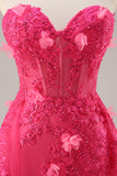 Fuchsia korset Split Strapless Lange Galajurk met Appliques
