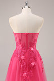 Fuchsia korset Split Strapless Lange Galajurk met Appliques
