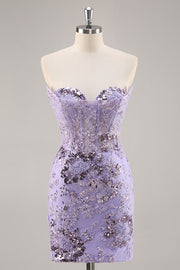 Strapless Bodycon Paarse Homecoming Jurk met Kralen en Appliques
