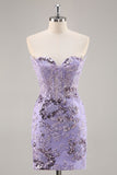 Strapless Bodycon Paarse Homecoming Jurk met Kralen en Appliques