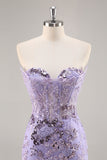 Strapless Bodycon Paarse Homecoming Jurk met Kralen en Appliques