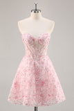 Roze korset A Line Strapless Homecoming Jurk met Appliques