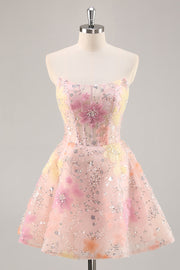 Bloemen korset pailletten strapless roze homecoming jurk