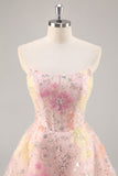 Bloemen korset pailletten strapless roze homecoming jurk