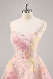 Bloemen korset pailletten strapless roze homecoming jurk