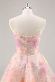 Bloemen korset pailletten strapless roze homecoming jurk