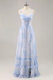 Blauwe bloemen korset chiffon lange bruidsmeisje jurk met split