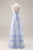 Blauwe bloemen korset chiffon lange bruidsmeisje jurk met split