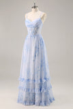 Blauwe bloemen korset chiffon lange bruidsmeisje jurk met split