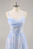 Blauwe bloemen korset chiffon lange bruidsmeisje jurk met split