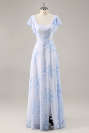 Blauwe chiffon bloemen ronde hals lange bruidsmeisjesjurk met ruches
