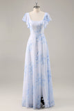 Blauwe chiffon bloemen ronde hals lange bruidsmeisjesjurk met ruches