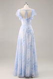 Blauwe chiffon bloemen ronde hals lange bruidsmeisjesjurk met ruches