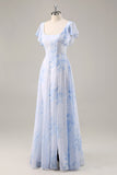 Blauwe chiffon bloemen ronde hals lange bruidsmeisjesjurk met ruches