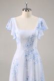 Blauwe chiffon bloemen ronde hals lange bruidsmeisjesjurk met ruches