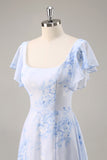 Blauwe chiffon bloemen ronde hals lange bruidsmeisjesjurk met ruches
