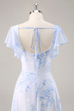 Blauwe chiffon bloemen ronde hals lange bruidsmeisjesjurk met ruches