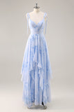 Blauwe chiffon bloemen een lijn lange bruidsmeisjesjurk met ruches