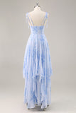Blauwe chiffon bloemen een lijn lange bruidsmeisjesjurk met ruches