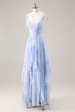 Blauwe chiffon bloemen een lijn lange bruidsmeisjesjurk met ruches